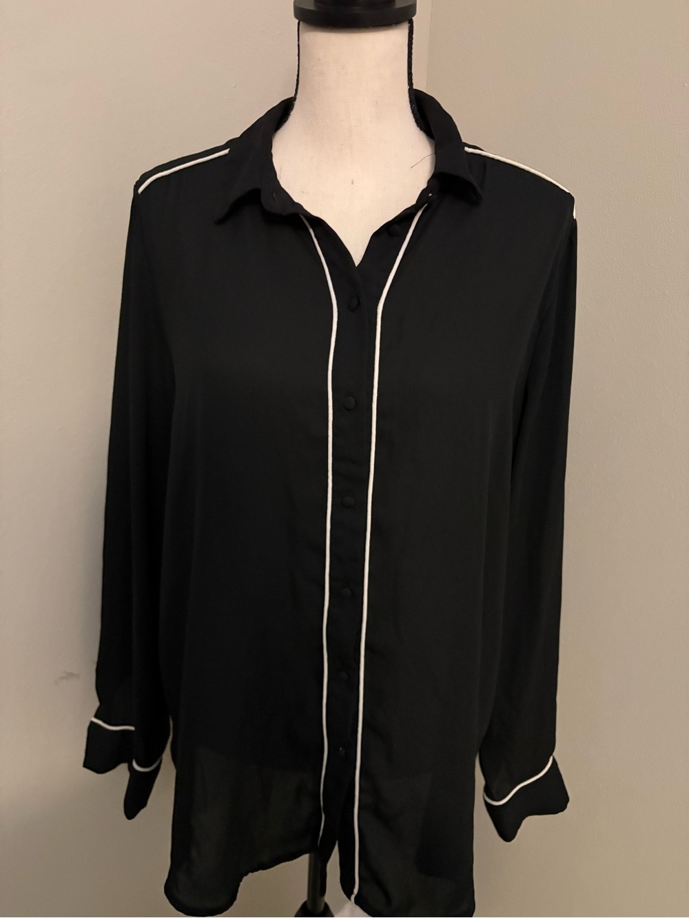 Black Chiffon Long Sleeve Button Down Shirt With White Detail